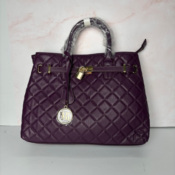 NWT Badgeley Mischka Diamond Quilted Tote Bag Plum Gold Lock Charm Vegan Leather - Picture 1 of 4